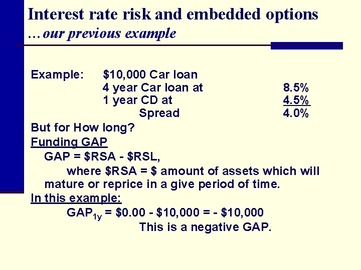 Interest rate risk and embedded options …our previous example Example: $10, 000 Car loan