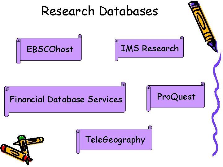 Research Databases EBSCOhost IMSResearch IMS Financial Database Services Tele. Geography Pro. Quest 