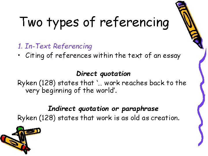 Two types of referencing 1. In-Text Referencing • Citing of references within the text