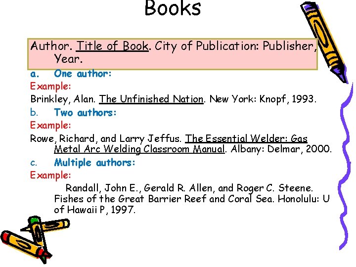 Books Author. Title of Book. City of Publication: Publisher, Year. a. One author: Example: