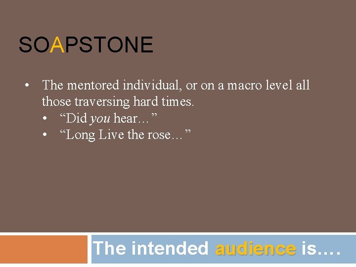 SOAPSTONE • The mentored individual, or on a macro level all those traversing hard