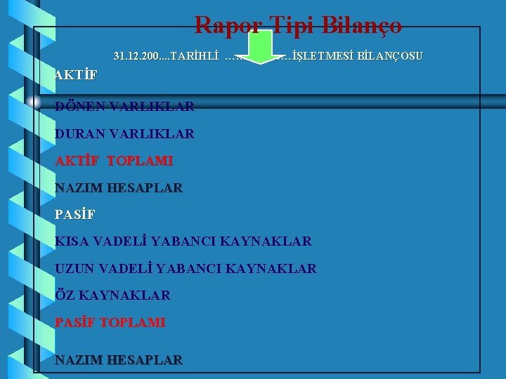 Rapor Tipi Bilanço 31. 12. 200. . TARİHLİ ………………İŞLETMESİ BİLANÇOSU AKTİF DÖNEN VARLIKLAR DURAN