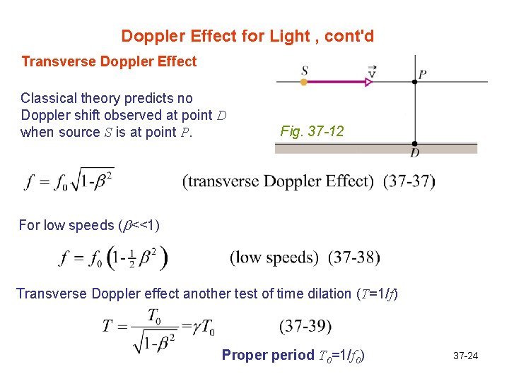 Doppler Effect for Light , cont'd Transverse Doppler Effect Classical theory predicts no Doppler