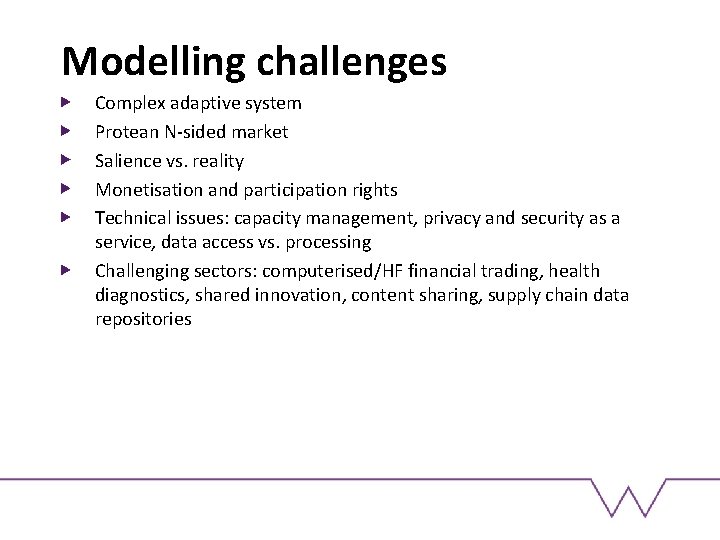 Modelling challenges Complex adaptive system Protean N-sided market Salience vs. reality Monetisation and participation