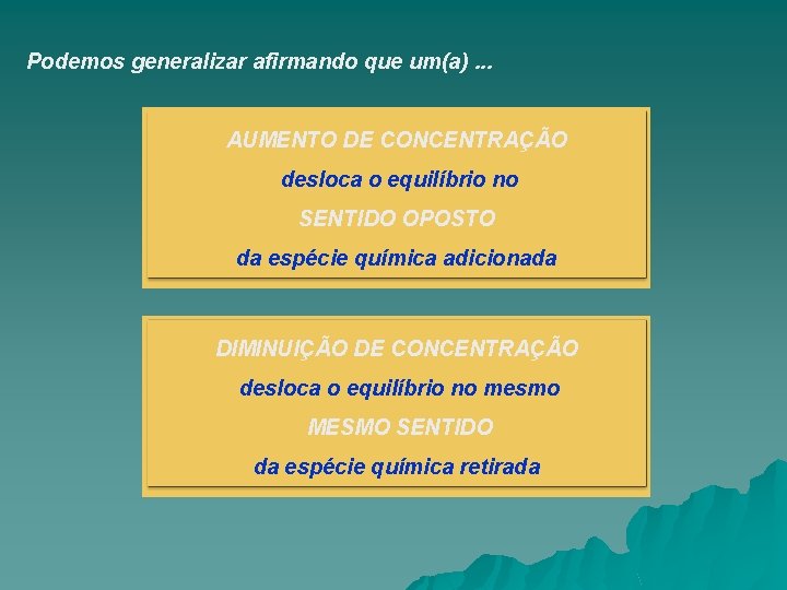 Podemos generalizar afirmando que um(a). . . AUMENTO DE CONCENTRAÇÃO desloca o equilíbrio no