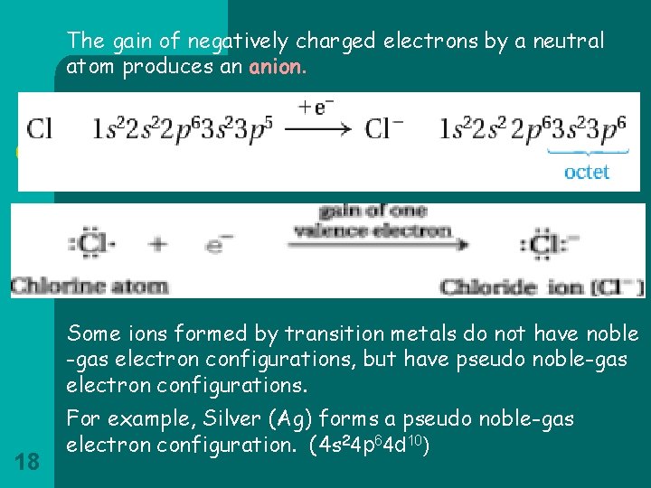 The gain of negatively charged electrons by a neutral atom produces an anion. Some