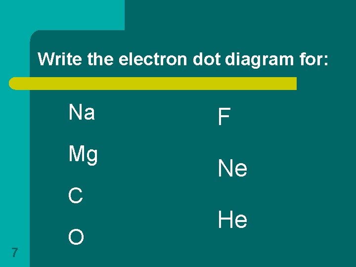 Write the electron dot diagram for: Na Mg C 7 O F Ne He