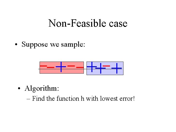Non-Feasible case • Suppose we sample: • Algorithm: – Find the function h with Non-Feasible case • Suppose we sample: • Algorithm: – Find the function h with