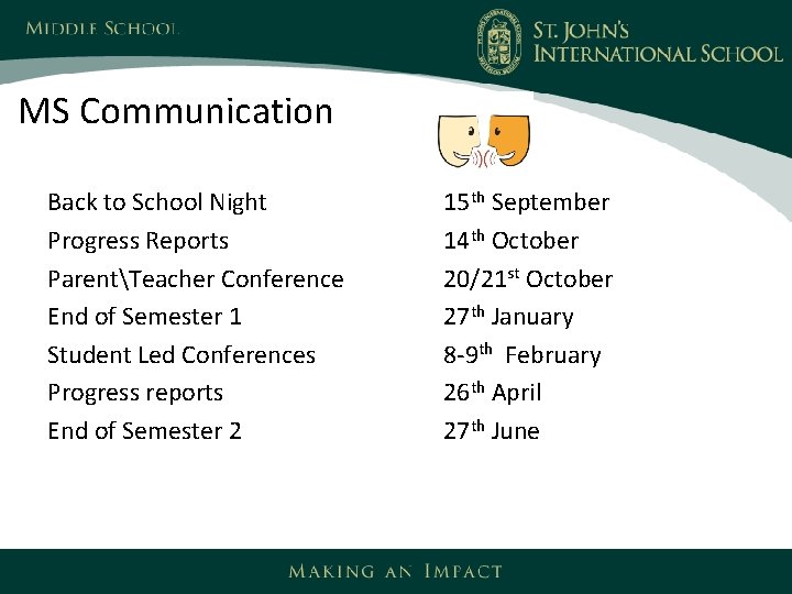 MS Communication Back to School Night Progress Reports ParentTeacher Conference End of Semester 1