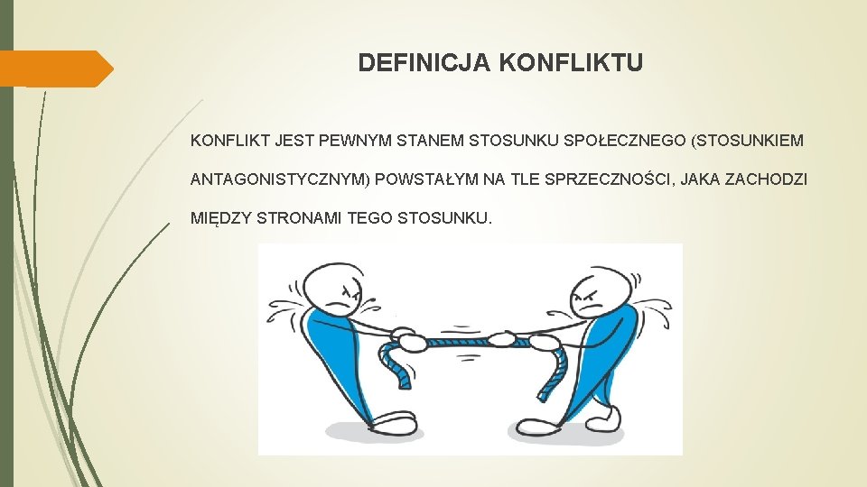 DEFINICJA KONFLIKTU KONFLIKT JEST PEWNYM STANEM STOSUNKU SPOŁECZNEGO (STOSUNKIEM ANTAGONISTYCZNYM) POWSTAŁYM NA TLE SPRZECZNOŚCI,