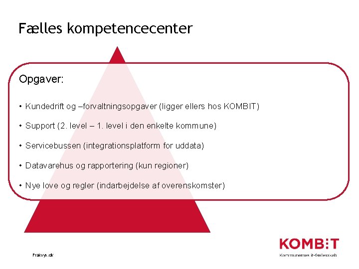 Fælles kompetencecenter Opgaver: • Kundedrift og –forvaltningsopgaver (ligger ellers hos KOMBIT) • Support (2.