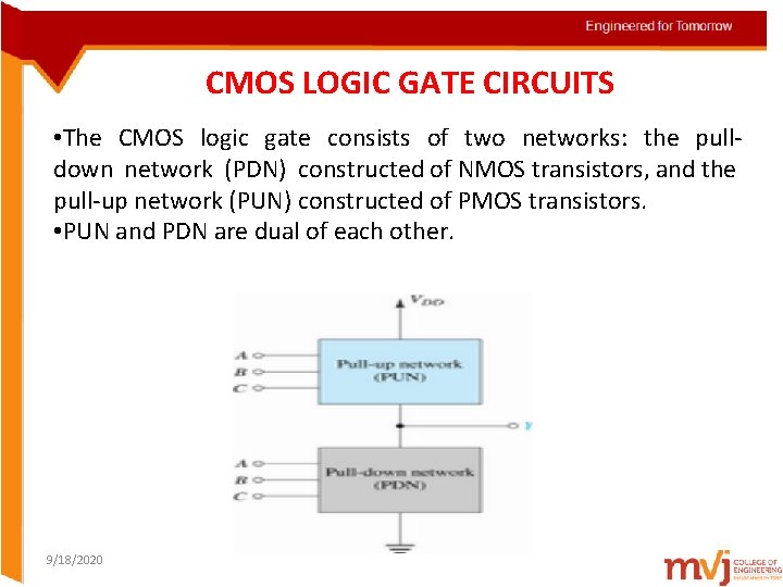 CMOS LOGIC GATE CIRCUITS • The CMOS logic gate consists of two networks: the