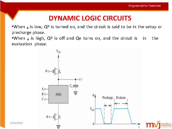 DYNAMIC LOGIC CIRCUITS • When ᵩ is low, QP is turned on, and the