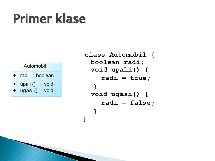 Primer klase class Automobil { boolean radi; void upali() { radi = true; }