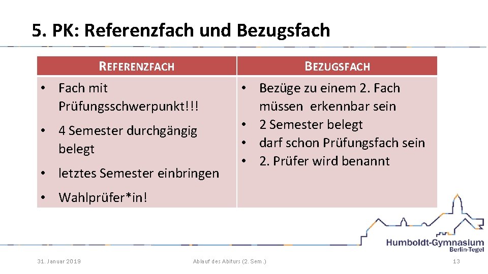 5. PK: Referenzfach und Bezugsfach REFERENZFACH BEZUGSFACH • Fach mit Prüfungsschwerpunkt!!! • 4 Semester