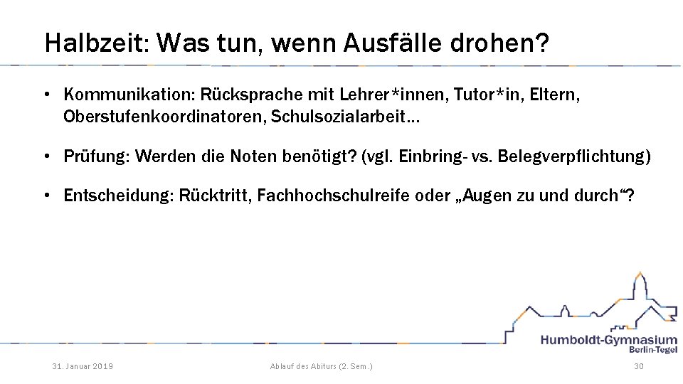 Halbzeit: Was tun, wenn Ausfälle drohen? • Kommunikation: Rücksprache mit Lehrer*innen, Tutor*in, Eltern, Oberstufenkoordinatoren,