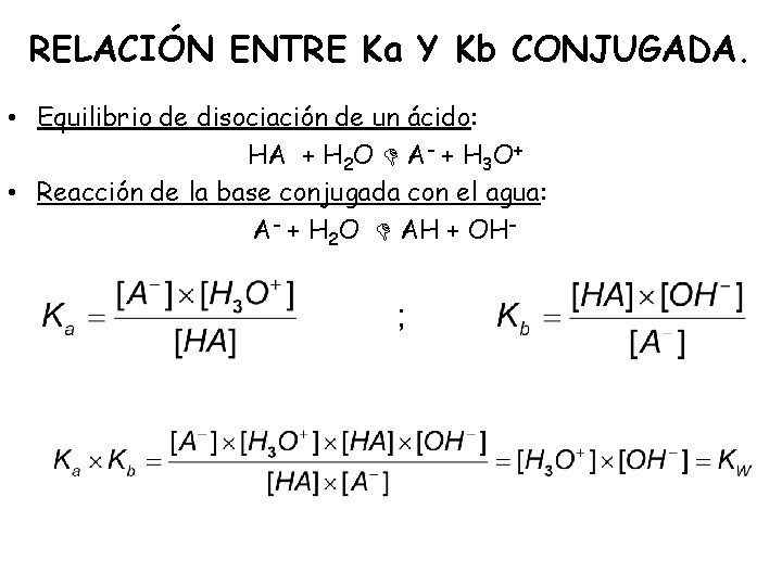 RELACIÓN ENTRE Ka Y Kb CONJUGADA. • Equilibrio de disociación de un ácido: HA