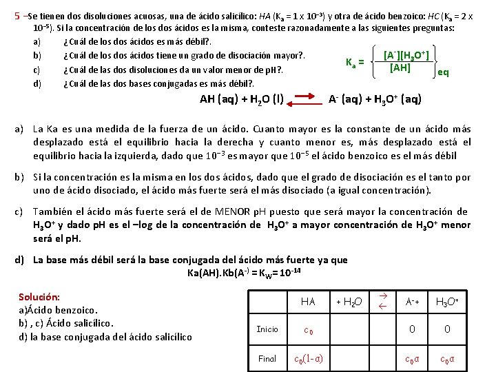 5 −Se tienen dos disoluciones acuosas, una de ácido salicílico: HA (Ka = 1