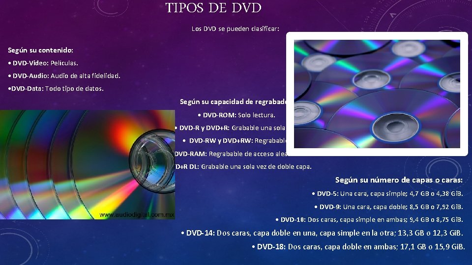 TIPOS DE DVD Los DVD se pueden clasificar: Según su contenido: • DVD-Video: Películas.