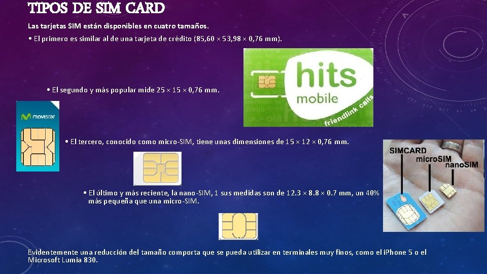 TIPOS DE SIM CARD Las tarjetas SIM están disponibles en cuatro tamaños. • El