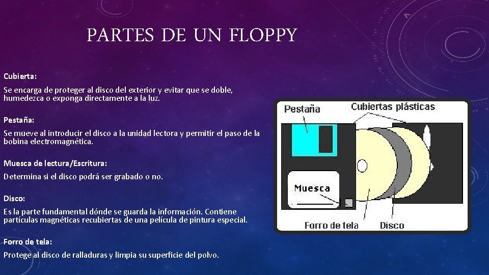 PARTES DE UN FLOPPY Cubierta: Se encarga de proteger al disco del exterior y