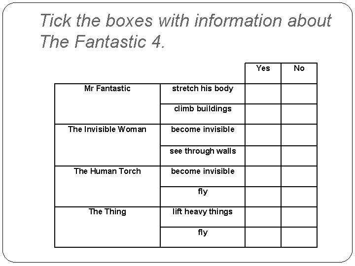 Tick the boxes with information about The Fantastic 4. Yes Mr Fantastic stretch his