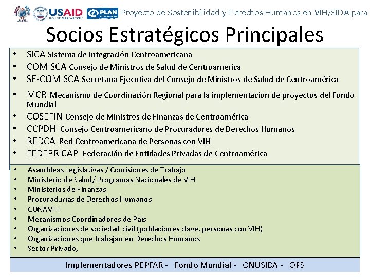 Proyecto de Sostenibilidad y Derechos Humanos en VIH/SIDA para C Socios Estratégicos Principales •
