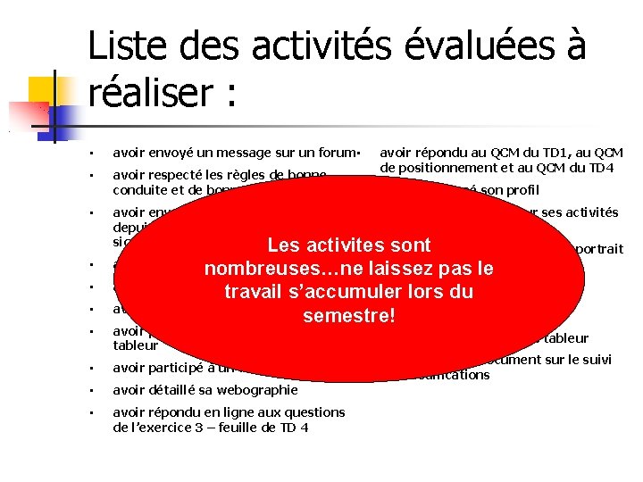 Liste des activités évaluées à réaliser : • avoir envoyé un message sur un