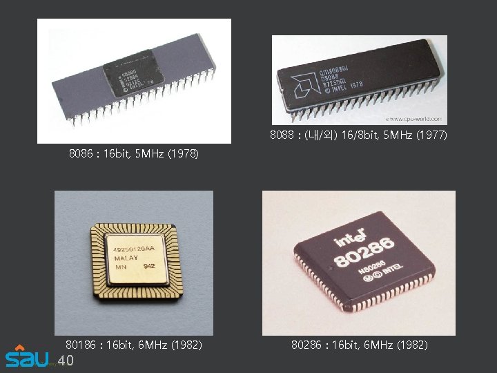 8088 : (내/외) 16/8 bit, 5 MHz (1977) 8086 : 16 bit, 5 MHz
