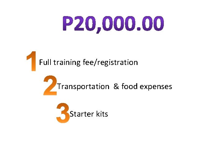Full training fee/registration Transportation & food expenses Starter kits 