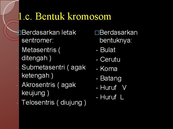 1. c. Bentuk kromosom �Berdasarkan - letak sentromer: Metasentris ( ditengah ) Submetasentri (