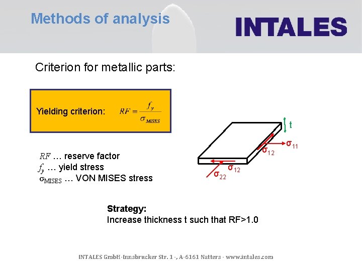 Methods of analysis Criterion for metallic parts: Yielding criterion: t RF … reserve factor