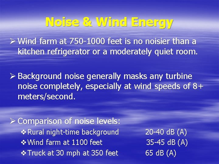 Noise & Wind Energy Ø Wind farm at 750 -1000 feet is no noisier