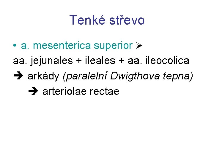 Tenké střevo • a. mesenterica superior aa. jejunales + ileales + aa. ileocolica arkády