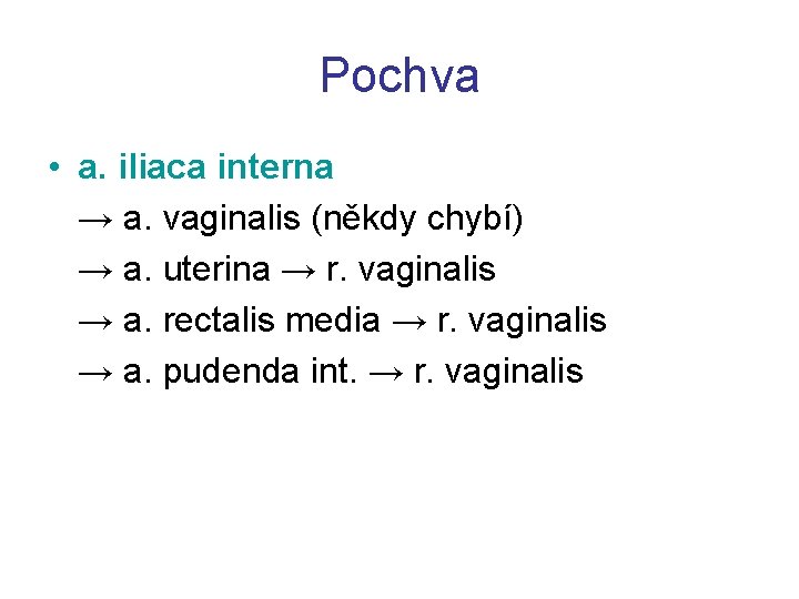 Pochva • a. iliaca interna → a. vaginalis (někdy chybí) → a. uterina →