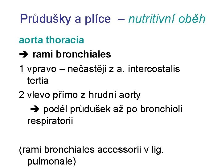 Průdušky a plíce – nutritivní oběh aorta thoracia rami bronchiales 1 vpravo – nečastěji
