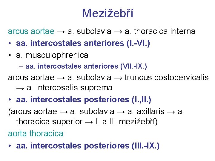 Mezižebří arcus aortae → a. subclavia → a. thoracica interna • aa. intercostales anteriores