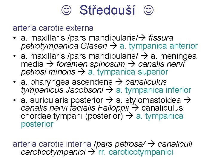  Středouší arteria carotis externa • a. maxillaris /pars mandibularis/ fissura petrotympanica Glaseri a.