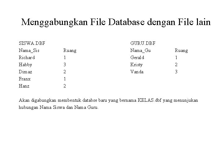 Menggabungkan File Database dengan File lain SISWA. DBF Nama_Sis Richard Habby Dimaz Franx Hanz