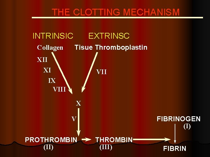 THE CLOTTING MECHANISM INTRINSIC Collagen EXTRINSC Tisue Thromboplastin XII XI IX VIII VII X