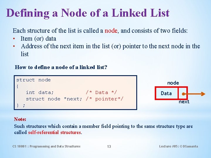 Defining a Node of a Linked List Each structure of the list is called