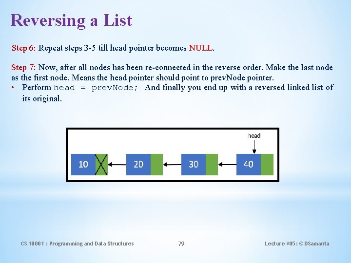 Reversing a List Step 6: Repeat steps 3 -5 till head pointer becomes NULL.