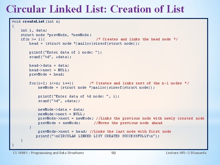 Circular Linked List: Creation of List void create. List(int n) { int i, data;