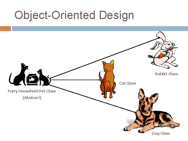 Object-Oriented Design Rabbit Class Cat Class Furry Household Pet Class (Abstract) Dog Class 