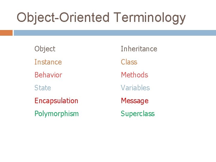 Object-Oriented Terminology Object Inheritance Instance Class Behavior Methods State Variables Encapsulation Message Polymorphism Superclass