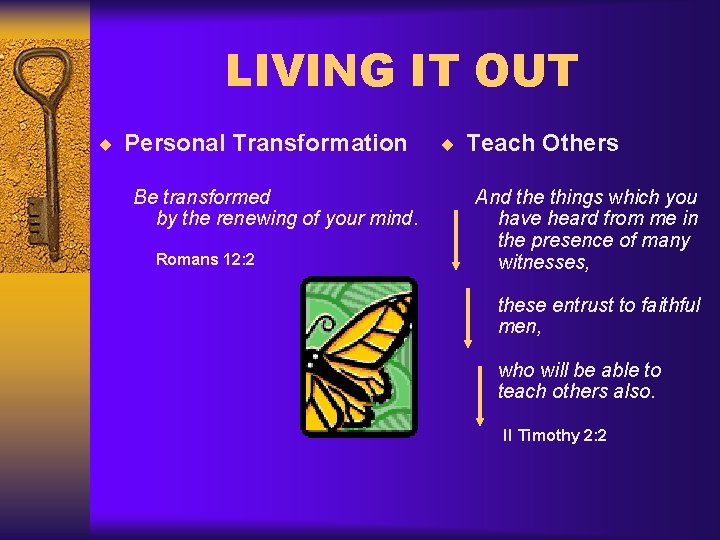 LIVING IT OUT ¨ Personal Transformation Be transformed by the renewing of your mind.