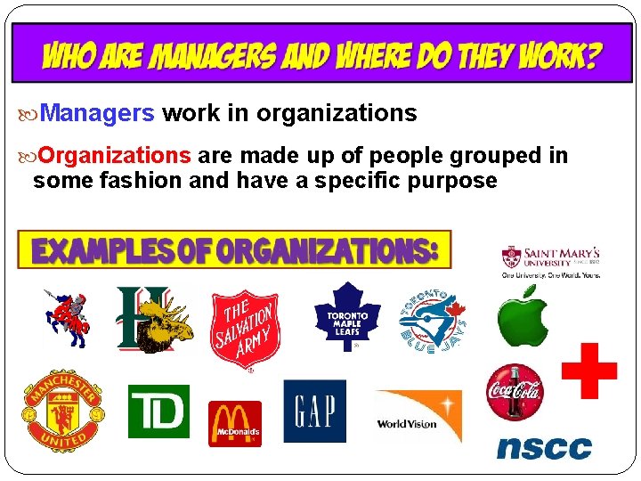  Managers work in organizations Organizations are made up of people grouped in some