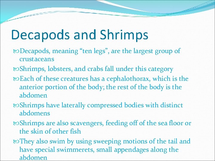 Decapods and Shrimps Decapods, meaning “ten legs”, are the largest group of crustaceans Shrimps,