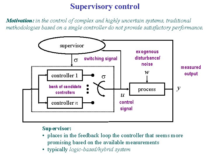 Supervisory control Motivation: in the control of complex and highly uncertain systems, traditional methodologies