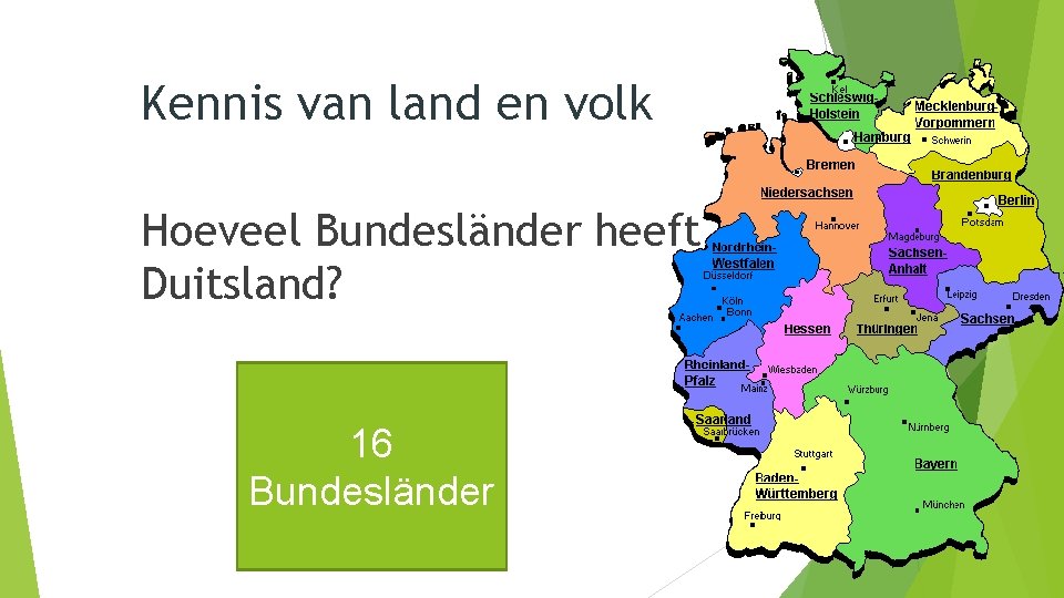 Kennis van land en volk Hoeveel Bundesländer heeft Duitsland? 16 Bundesländer 